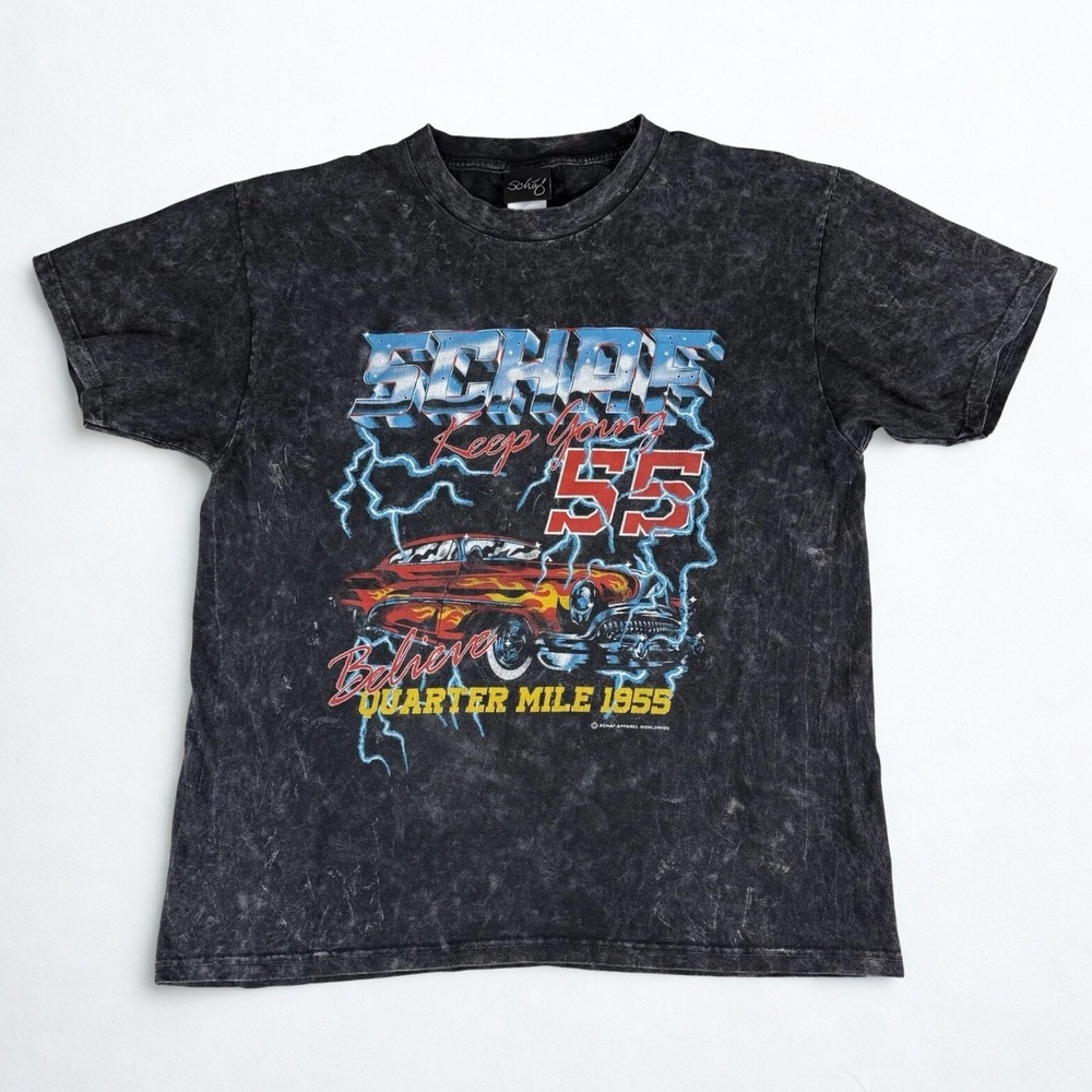 Schaf Quarter Mile T-Shirt‎ Adult M Black Acid Wash Graphic Racing Car Lightning